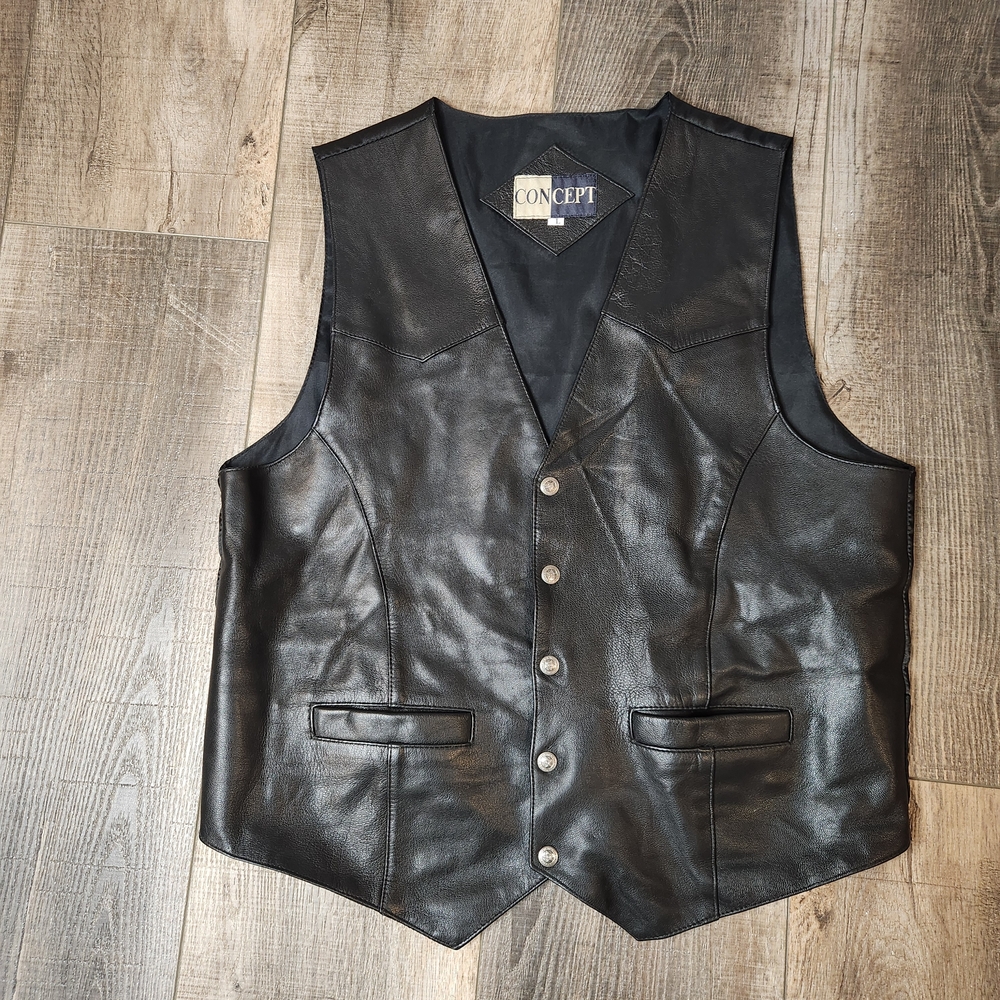 Vintage Concept Men's Black Leather Vest  SZ: L Western Wedding Moto Riding